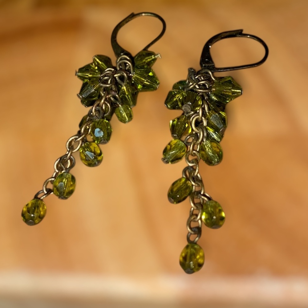 *  green beaded dangle earrings with closed loop hook 2” long